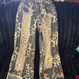 Distressed Leopard Print Wide-Leg Jeans